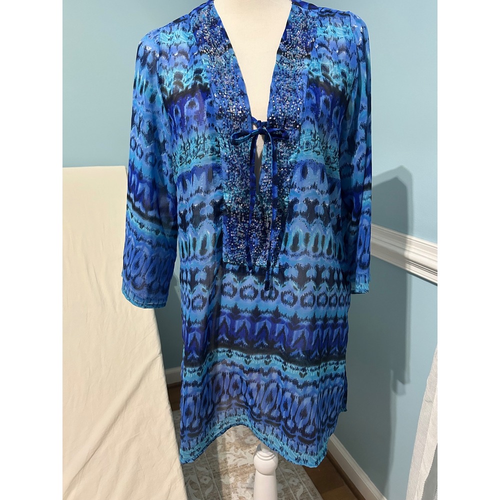 Raviya Blue Ikat Beaded Sequin V-Neck Beach Cover Up Tunic Medium